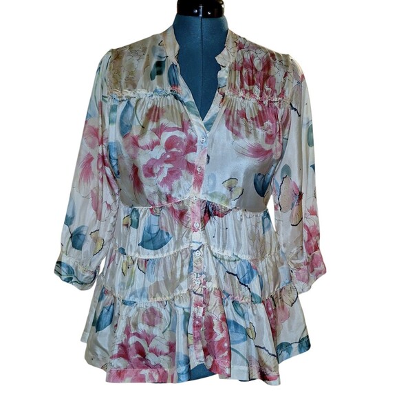 Sundance Silk Tiered Coquette Blouse Size Small 3/4 Sleeves Butterfly Floral - Picture 1 of 5